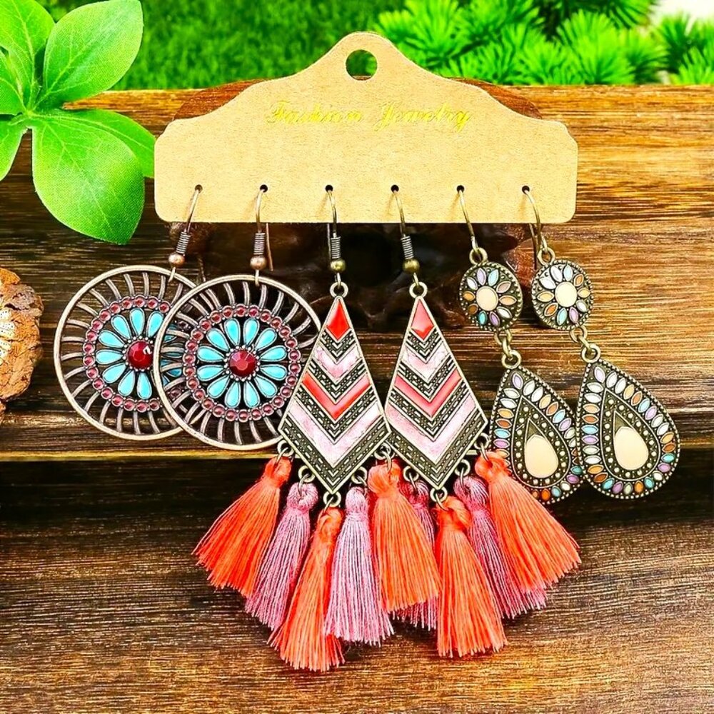 Earrings Turquoise 3pr Enamel Tassel Dangle Gypsy Boho Hippie Native Southwest